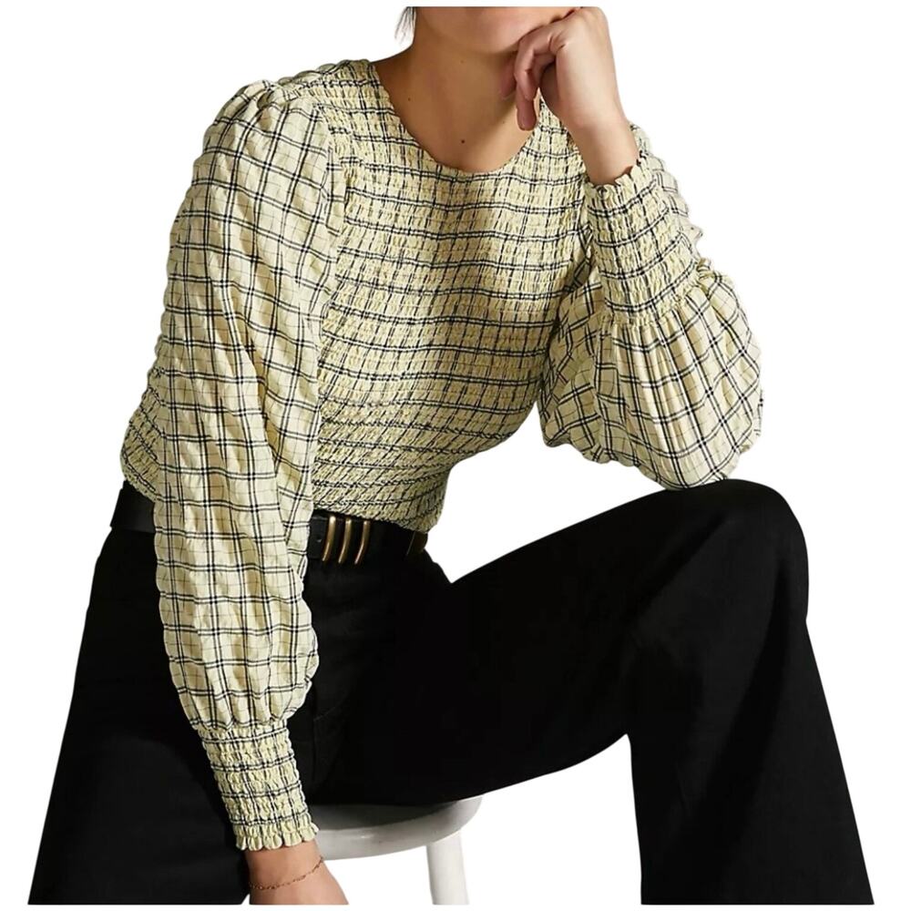 Anthropologie Scotch & Soda Yellow Black Plaid Smocked Long Sleeve Top Medium